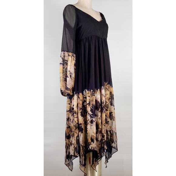 Black Gold Floral Dress Handkerchief Hem SMALL Boho Festival Whimsigoth Peasant - Picture 4 of 9